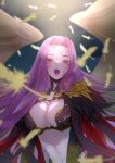  1girl absurdres breasts cleavage commentary_request fate/grand_order fate_(series) feathers forehead gorgon_(fate) highres looking_ahead medusa_(fate) mumei_(meiime_) navel open_mouth pink_eyes pink_hair scales snake solo teeth twitter_username upper_body upper_teeth wings 