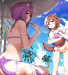  2girls absurdres animal_ears ball bangs bare_back bare_shoulders beach_umbrella beachball bikini blue_sky blurry blurry_background blush bone_hair_ornament braid cat_ears cat_girl cat_tail closed_mouth cloud collarbone dog_ears dog_girl dog_tail food food_in_mouth frills hair_ornament hairclip halterneck hands_up highres holding hololive ice_cream inugami_korone leaning_forward looking_at_viewer looking_to_the_side medium_hair midriff multiple_girls navel nekomata_okayu off-shoulder_bikini off_shoulder outdoors shirousagi_(sirousagi0501) side-tie_bikini sidelocks sideways_glance sitting sky smile standing string_bikini swimsuit tail thighs tree umbrella virtual_youtuber wariza wrist_cuffs 