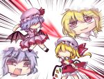  2girls ascot bat_wings crystal emphasis_lines fang fighting flandre_scarlet frilled_shirt_collar frilled_skirt frills hat hat_ribbon laevatein_(touhou) light_purple_hair mob_cap multicolored_wings multiple_girls open_mouth puffy_short_sleeves puffy_sleeves red_ascot red_ribbon red_skirt red_vest remilia_scarlet ribbon shirt shoes short_hair short_sleeves siblings side_ponytail sidelocks simple_background sisters skin_fang skirt slit_pupils smug socks spear_the_gungnir touhou unime_seaflower v-shaped_eyebrows vest white_background white_legwear white_shirt wings wrist_cuffs yellow_ascot 