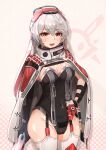  1girl absurdres anger_vein armored_leotard black_leotard breasts charolic_(girls&#039;_frontline_2) cleavage commentary_request covered_navel eyebrows_visible_through_hair feet_out_of_frame garter_straps girls&#039;_frontline girls&#039;_frontline_2:_exilium grey_hair hand_on_hip highres leotard long_hair looking_at_viewer medium_breasts muteppona_hito open_mouth orange_eyes solo thighhighs white_legwear 
