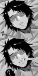  1boy ? absurdres bangs bed_sheet cheek_poking commentary_request fate/grand_order fate_(series) fujimaru_ritsuka_(male) greyscale highres hxd lying monochrome on_back poking short_hair sleeping spiked_hair waking_another zzz 