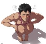  1boy apron bertolt_hoover black_hair blush covering covering_crotch dark-skinned_male dark_skin downblouse embarrassed from_above looking_at_viewer male_focus naked_apron pectorals pink_apron shadow shingeki_no_kyojin short_hair sidepec solo squatting toned toned_male translated zyunya 