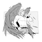  1boy absurdres alternate_pectoral_size bara belt boku_no_hero_academia commentary_request cropped_legs denim drinking facial_hair feathered_wings feathers goatee greyscale hawks_(boku_no_hero_academia) highres jeans large_pectorals male_focus monochrome muscular muscular_male pants pectorals short_hair short_sleeves sigppang_(2shot00002) smile solo spiked_hair stubble v-neck wings 