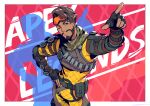  1boy apex_legends black_gloves bodysuit brown_hair dark-skinned_male dark_skin facial_hair fingerless_gloves gloves goatee goggles goggles_on_head hand_on_hip highres kotatsu_(g-rough) looking_at_viewer male_focus mirage_(apex_legends) one_eye_closed pointing pointing_up shadow smile solo yellow_bodysuit 