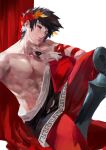  1boy bare_pectorals black_hair black_sclera blazpu colored_sclera greek_clothes green_eyes hades_(game) heterochromia highres laurel_crown leggings male_focus parted_lips pectorals red_eyes single_bare_shoulder skull smile toned toned_male weapon zagreus_(hades) 