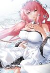  1girl azur_lane bare_shoulders breasts cleavage dress eyebrows_visible_through_hair frilled_dress frills hand_on_own_chest highres large_breasts layered_dress long_hair looking_at_viewer perseus_(azur_lane) pink_eyes pink_hair solo twintails very_long_hair white_dress winterfall_(artenh) 