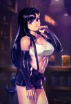  1girl artist_name bar bare_shoulders black_hair blurry blurry_background breasts commentary cowboy_shot crop_top cup detached_sleeves drinking_glass english_commentary final_fantasy final_fantasy_vii final_fantasy_vii_remake indoors large_breasts long_hair looking_at_viewer low-tied_long_hair midriff no_gloves optionaltypo smile solo suspenders tank_top tifa_lockhart very_long_hair white_tank_top 