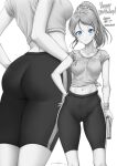  1girl ass ayase_eli blue_eyes highres leggings looking_at_viewer love_live! love_live!_school_idol_project midriff monochrome navel ponytail simple_background spot_color sweat unsfrau water 