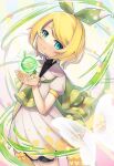  1girl :3 aqua_eyes ataraii_moyasi black_shirt blonde_hair bow bug butterfly capelet closed_mouth commentary cowboy_shot dress glowing_butterfly green_bow green_capelet hair_bow hands_up head_tilt holding kagamine_rin lace-trimmed_capelet lace_trim looking_at_viewer magical_mirai_(vocaloid) nail_polish orb shirt short_hair smile solo standing vocaloid white_dress yellow_nails 