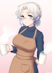  1girl absurdres alternate_costume apron bangs blue_sweater blush breasts brown_apron commentary_request cup cypress glasses gradient gradient_background highres hirato_(kancolle) holding holding_cup kantai_collection large_breasts long_sleeves looking_at_viewer mug older pink_background pocket short_hair silver_hair simple_background smile solo steam sweater twitter_username 