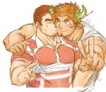  2boys 392mondo :s animal_ears bara blush brown_eyes brown_hair commentary_request couple cow_boy cow_ears cow_horns dark-skinned_male dark_skin facial_hair fiery_horns flustered forked_eyebrows glowing_horns goatee grin gunzo_(housamo) hand_on_another&#039;s_shoulder horns kiss kissing_cheek looking_at_another male_focus mature_male motion_lines multiple_boys muscular muscular_male partially_unbuttoned pectoral_cleavage pectorals rugby_uniform scar scar_on_cheek scar_on_face short_hair sideburns smile spiked_hair sportswear surprise_kiss surprised thick_eyebrows tokyo_afterschool_summoners unfinished v wakan_tanka 
