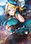  1girl absurdres ayase_eli bangs birthday blonde_hair blue_eyes breasts character_name commentary english_text eyebrows_visible_through_hair gloves happy_birthday hat highres long_hair looking_at_viewer love_live! love_live!_school_idol_festival love_live!_school_idol_project medium_breasts monocle nyako_(utaneko31) one_eye_closed sidelocks solo tongue tongue_out 