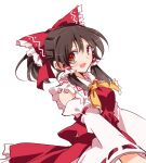  1girl :d ascot bangs blush bow breasts brown_eyes collared_shirt commentary_request eyebrows_visible_through_hair frilled_neckwear frilled_shirt_collar frilled_skirt frills hair_bow hair_tubes hakurei_reimu ichimura_kanata long_hair long_sleeves looking_at_viewer medium_breasts nontraditional_miko open_mouth ponytail red_bow red_skirt red_vest ribbon-trimmed_sleeves ribbon_trim shiny shiny_hair shirt sidelocks simple_background skirt smile solo touhou vest white_background wide_sleeves wing_collar yellow_ascot 