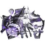  1girl :q asymmetrical_horns bangs black_legwear black_surge_night blunt_bangs breasts chain colored_skin detached_sleeves full_body horns japanese_clothes long_hair maya_g monochrome official_art pale_skin purple_eyes purple_theme solo tabi teeth thighhighs tongue tongue_out torn_clothes torn_legwear torpedo transparent_background two_side_up uzuki_(black_surge_night) very_long_hair white_hair white_skin 