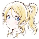  1girl anibache ayase_eli bangs birthday blonde_hair blue_eyes commentary_request eyebrows_visible_through_hair long_hair looking_at_viewer love_live! love_live!_school_idol_project ponytail portrait scrunchie smile solo white_background white_scrunchie 