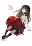  1girl bangs black_hair blouse blunt_bangs character_name copyright_name highres ib ib_(ib) kneehighs long_hair looking_at_viewer no_mouth red_eyes red_neckwear red_skirt ruohire9 simple_background skirt solo white_background white_blouse 