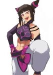  1girl abs baggy_pants bangs belt black_hair blunt_bangs chinese_clothes detached_sleeves drill_hair dudou fangs flasso han_juri highres looking_at_viewer nail_polish open_mouth pants purple_eyes short_hair solo street_fighter street_fighter_iv_(series) tongue tongue_out white_background white_pants 