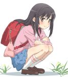  1girl backpack bag black_hair blue_skirt blush brown_eyes brown_footwear brown_hair full_body grass highres ichijou_hotaru jacket kneehighs long_hair looking_at_viewer non_non_biyori pink_jacket randoseru shirt shoes simple_background sincos skirt smile socks solo squatting white_background white_legwear white_shirt 