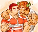  2boys 392mondo animal_ears bara blush brown_eyes brown_hair commentary_request couple cow_boy cow_ears cow_horns dark-skinned_male dark_skin facial_hair fiery_horns forked_eyebrows glowing_horns goatee grin gunzo_(housamo) hand_on_another&#039;s_shoulder horns looking_at_another male_focus mature_male multiple_boys muscular muscular_male partially_unbuttoned pectoral_cleavage pectorals rugby_uniform scar scar_on_cheek scar_on_face short_hair sideburns smile spiked_hair sportswear thick_eyebrows tokyo_afterschool_summoners unfinished v wakan_tanka 