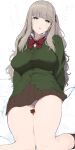  1girl accio bangs bow bowtie breasts brown_skirt cardigan censored expressionless green_cardigan grey_hair hair_bow hair_ornament highres large_breasts long_hair looking_at_viewer miniskirt open_mouth original panties pantyshot penis red_bow red_bowtie school_uniform side_ponytail sidelocks skirt thick_thighs thigh_sex thighs underwear white_background 