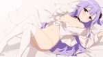  1girl ahoge azur_lane bare_shoulders black_collar black_ribbon breasts cleavage closed_mouth collar collarbone collared_shirt commentary_request dress_shirt hair_bun hair_ribbon knees_up long_hair lying navel on_back one_side_up open_clothes open_shirt oueo panties purple_eyes purple_hair ribbon shirt side_bun small_breasts solo thighhighs underwear unicorn_(azur_lane) very_long_hair white_legwear white_panties white_shirt 