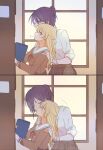  2girls =3 bang_dream! blonde_hair blush book bookshelf closed_eyes commentary_request dated_commentary eyebrows_visible_through_hair from_side hanasakigawa_school_uniform hand_on_another&#039;s_shoulder highres holding holding_book kiss kissing_cheek library looking_at_another looking_to_the_side multiple_girls purple_hair school_uniform seri_(vyrlw) seta_kaoru shirasagi_chisato standing window yuri 