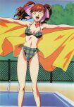  1990s_(style) 1girl asahina_yurina bangs bikini breasts closed_eyes covered_nipples day facing_viewer feet_out_of_frame hair_ribbon halter_top halterneck highres holding holding_towel long_hair medium_breasts navel official_art open_mouth outdoors outstretched_arms plaid plaid_bikini pool pool_ladder red_hair retro_artstyle ribbon scan solo spread_arms standing super_real_mahjong swimsuit tanaka_ryou towel twintails 