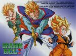  1990s_(style) 3boys aqua_eyes blonde_hair boots brothers character_name clenched_hands clenched_teeth copyright_name dougi dragon_ball dragon_ball_z earrings english_text holding holding_sword holding_weapon jewelry long_sleeves male_focus multiple_boys official_art potara_earrings retro_artstyle siblings sleeveless son_gohan son_goten spiked_hair super_saiyan super_saiyan_1 sword teeth trunks_(dragon_ball) weapon wristband 