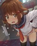  1girl anchor_symbol bent_over black_legwear black_sailor_collar blush brown_eyes brown_hair eyebrows_visible_through_hair fang foot_out_of_frame hair_ornament hairclip highres ikazuchi_(kancolle) indoors jabittoson kantai_collection long_sleeves neckerchief no_pants open_mouth panties panty_pull red_neckerchief revision reward_available ribbon_panties sailor_collar school_uniform serafuku short_hair skin_fang solo thighhighs underwear white_panties 