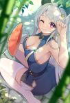  1girl ass bangs bare_shoulders breasts changchun_(warship_girls_r) cleavage eyebrows_visible_through_hair food fruit hair_ornament hasu_(velicia) highres long_hair looking_at_viewer no_shoes one_eye_closed red_eyes sitting smile soles thighhighs wariza warship_girls_r watermelon white_hair 