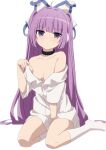  1girl azur_lane bangs between_legs black_collar blunt_bangs breasts closed_mouth collar collarbone collared_shirt commentary_request dress_shirt eyebrows_visible_through_hair hand_between_legs hand_up long_hair looking_at_viewer no_shoes off_shoulder oueo purple_eyes purple_hair shirt short_sleeves simple_background sitting small_breasts solo tashkent_(azur_lane) very_long_hair white_background white_legwear white_shirt yokozuwari 