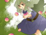  1girl belt_buckle blonde_hair blue_dress buckle carrying dress feet_out_of_frame food fruit hammer_(sunset_beach) holding holding_food long_hair outdoors peach touhou tree very_long_hair watatsuki_no_toyohime 