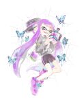  1girl aqua_eyes bangs black_shorts blue_butterfly blue_eyes bomb bug butterfly cyan_beans full_body grey_shirt half-closed_eyes hat hat_removed head_tilt headwear_removed holding holding_bomb ink_tank_(splatoon) inkling long_hair long_sleeves looking_at_viewer open_mouth pink_footwear pointy_ears purple_footwear purple_hair shirt shoes short_shorts shorts silk simple_background smile spider_web splatoon_(series) white_background 