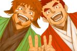  2boys 392mondo :d absurdres alternate_costume animal_ears bara blush brown_eyes brown_hair commentary_request cow_boy cow_ears cow_horns dark-skinned_male dark_skin facial_hair fiery_horns forked_eyebrows glowing_horns goatee green_kimono gunzo_(housamo) heads_together highres horns japanese_clothes kimono male_focus mature_male multiple_boys red_kimono scar scar_on_cheek scar_on_face short_hair sideburns smile spiked_hair stubble thick_eyebrows tokyo_afterschool_summoners v wakan_tanka 