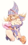  1girl :d ankle_boots arm_up bangs bare_shoulders blonde_hair blue_footwear blush_stickers boots breasts carcass_(artist) cleavage collarbone dark_magician_girl duel_monster hair_between_eyes hat highres korean_commentary large_breasts long_hair looking_at_viewer open_mouth pelvic_curtain salute simple_background smile solo staff thick_thighs thighs wand white_background wizard_hat yu-gi-oh! 
