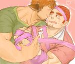  2boys 392mondo :s animal_ears arm_grab bara blush bound bound_arms brown_eyes brown_hair commentary_request cow_boy cow_ears dark-skinned_male dark_skin embarrassed facial_hair fiery_horns forked_eyebrows glowing_horns goatee green_shirt gunzo_(housamo) horns kiss kissing_cheek long_sideburns male_focus multiple_boys muscular muscular_male one_eye_closed pectorals pink_ribbon ribbon rugby_uniform shirt short_hair sideburns spiked_hair sportswear stubble thick_eyebrows tight tight_shirt tokyo_afterschool_summoners upper_body wakan_tanka 