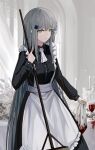  1girl amamizu_shizuku apron bangs blue_hair closed_mouth commentary_request crossed_bangs cup drinking_glass eyebrows_visible_through_hair feet_out_of_frame girls&#039;_frontline glass green_eyes highres hk416_(girls&#039;_frontline) holding holding_mop long_hair looking_at_viewer maid maid_apron mop simple_background solo standing table teardrop_facial_mark teardrop_tattoo wine_glass 