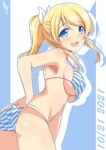  1girl absurdres armpits ass ayase_eli bangs bikini birthday blonde_hair blue_eyes blush breasts bunji commentary eyebrows_visible_through_hair halterneck highres large_breasts long_hair looking_at_viewer love_live! love_live!_school_idol_project ponytail shiny shiny_hair shiny_skin sidelocks solo swimsuit 