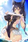  1girl alternate_breast_size animal_ears ariso_kaoru black_hair blush braid breasts cloud covered_navel covered_nipples erune food granblue_fantasy highres large_breasts melting nier_(granblue_fantasy) one-piece_swimsuit popsicle popsicle_in_mouth sideboob sky standing suggestive_fluid swimsuit thick_thighs thighs twin_braids underboob water 