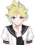  1boy aqua_eyes blonde_hair commentary headphones headset kagamine_len light_blush light_frown looking_at_viewer male_focus master_(vocaloid) naoko_(naonocoto) necktie pov pov_hands shirt short_sleeves simple_background spiked_hair sweat v-shaped_eyebrows vocaloid white_background white_shirt yellow_necktie 