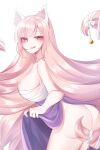  1girl :p absurdres animal_ear_fluff animal_ears ass bangs bell blush breasts from_behind hakubi_(hctc4587) highres last_origin long_hair looking_at_viewer looking_back miho_(last_origin) pink_eyes pink_hair simple_background smile solo tongue tongue_out very_long_hair white_background 