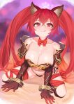  1girl animal_ears armor bangs bare_shoulders bed_sheet bikini bikini_armor black_gloves blurry blurry_background blush breasts cerberus_(shingeki_no_bahamut) choker cleavage collarbone commentary_request elbow_gloves gloves granblue_fantasy highres kneeling large_breasts leg_ribbon long_hair looking_at_viewer meshiya navel red_eyes red_hair ribbon ribbon_choker shoulder_armor side-tie_bikini smile solo swimsuit tongue tongue_out twintails 
