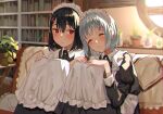  2girls apron bangs black_dress black_hair blurry blurry_background blush closed_eyes commentary_request couch dress eyebrows_visible_through_hair frills grey_hair hair_between_eyes hair_ornament hand_on_own_knee hands_on_own_knees highres indoors leaning_on_person long_sleeves maid maid_apron maid_headdress multiple_girls original red_eyes sen_(sennosenn1127) short_hair sitting sleeping sleeping_on_person sleeping_upright waist_apron yuri 