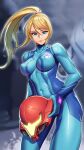  1girl bangs blonde_hair blue_bodysuit blue_eyes blurry blurry_background bodysuit breasts closed_mouth covered_navel covered_nipples glowing helm helmet high_ponytail highres holding impossible_bodysuit impossible_clothes large_breasts lips long_hair looking_at_viewer lyoung0j metroid metroid_dread samus_aran shiny shiny_clothes skin_tight smile solo sweat swept_bangs turtleneck zero_suit 