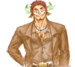  1boy 392mondo alternate_costume animal_ears bara brown_eyes brown_hair brown_jacket brown_suit buttons commentary_request cow_boy cow_ears cow_horns dark-skinned_male dark_skin facial_hair feather_necklace fiery_horns forked_eyebrows formal glowing_horns goatee horns jacket looking_at_viewer male_focus muscular muscular_male partially_unbuttoned pectoral_cleavage pectorals shirt short_hair solo spiked_hair striped striped_shirt thick_eyebrows tokyo_afterschool_summoners unfinished upper_body wakan_tanka white_background 