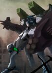  building dust firing from_side fubuki_(muvluv) gun highres hiwa_industry holding holding_gun holding_shield holding_weapon mecha muvluv muvluv_alternative no_humans science_fiction shield solo tactical_surface_fighter visor weapon 