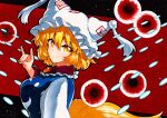  1girl bangs blonde_hair closed_mouth danmaku dress eyebrows_visible_through_hair fox_shadow_puppet from_side hair_between_eyes hat long_sleeves looking_at_viewer looking_to_the_side pillow_hat qqqrinkappp red_background short_hair smile solo tabard touhou traditional_media upper_body white_dress white_headwear yakumo_ran yellow_eyes 