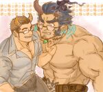  2boys 392mondo abs alternate_costume bara beard belt blush broken_horn commentary_request couple dark_blue_hair demon_boy demon_horns facial_hair fang feet_out_of_frame fiery_horns glasses horns jewelry large_pectorals long_sideburns male_focus master_3_(housamo) mature_male multiple_boys muscular muscular_male necklace necklace_pull no_nipples oni_horns partially_unbuttoned pectorals scar scar_on_neck sharp_teeth short_hair sideburns skull_belt stomach stubble takemaru_(housamo) teeth thick_eyebrows tokyo_afterschool_summoners topless_male yaoi 