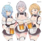  3girls ahoge aki_rosenthal alcohol apron bangs beer beer_mug black_bow blonde_hair blue_hair blush bow bowtie braid breasts cleavage cup detached_hair detached_sleeves dirndl dress ear_blush eyebrows_visible_through_hair flower german_clothes green_eyes hair_between_eyes hair_flower hair_ornament heart_ahoge holding holding_cup hololive large_breasts long_hair looking_at_viewer low_twintails mug multiple_girls oktoberfest open_mouth parted_bangs pointy_ears purple_eyes shirogane_noel short_hair silver_hair simple_background skindentation smile teeth thighhighs twintails upper_teeth vinhnyu virtual_youtuber white_background yellow_eyes yukihana_lamy zettai_ryouiki 