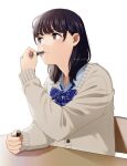  1girl applying_makeup artist_name black_hair bow bowtie brown_eyes cardigan commentary_request cosmetics lipstick_tube mattaku_mousuke medium_hair original school_uniform sitting solo upper_body watermark white_background 